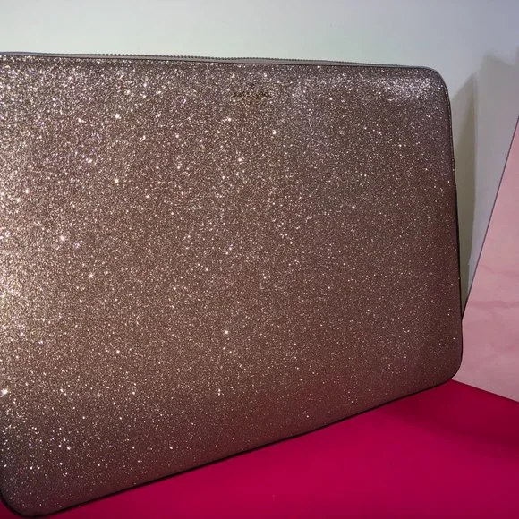 Kate Spade Tinsel Rose Gold Glitter Laptop Tablet Sleeve Case Pink Gift Bag Set Sleeves